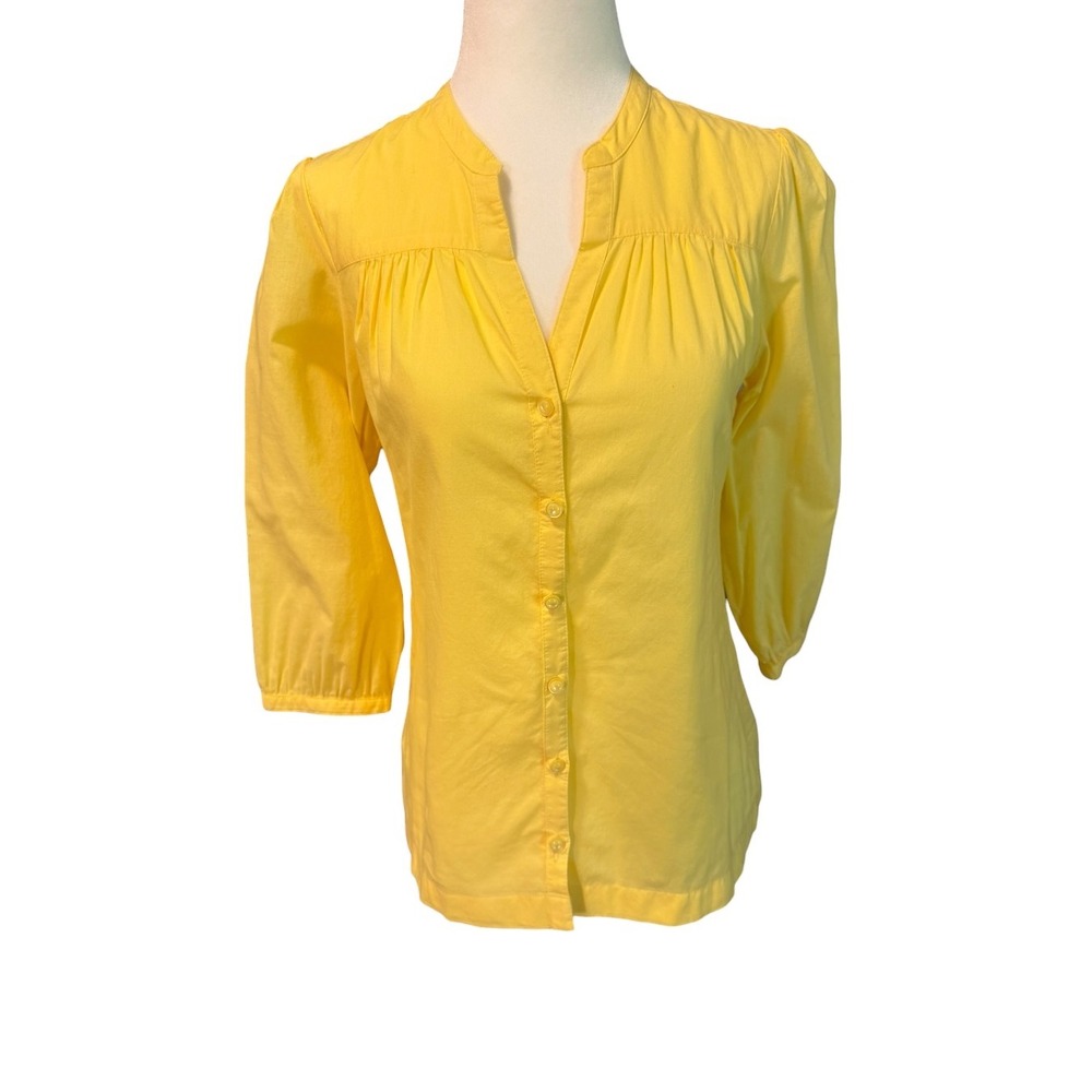 Ann Taylor Womens Yellow 100% Cotton 3/4 Sleeve Pleated Button Up Blouse Size 0